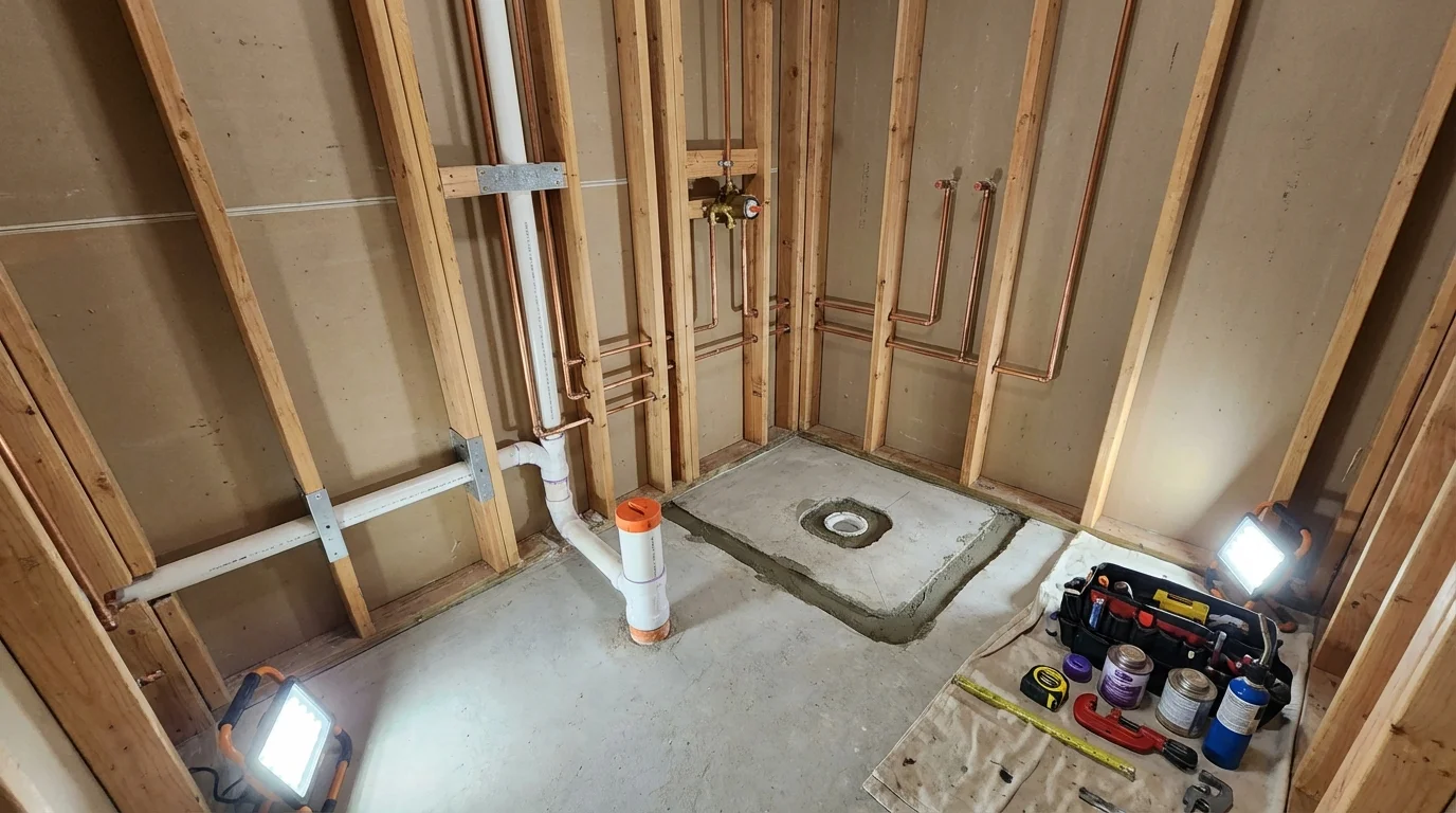Bathroom rough-in plumbing during remodel by Johns Plumbing LLC in Bridgeville
