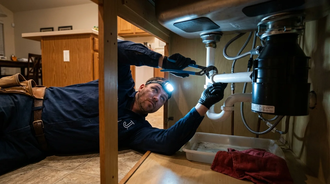 P-trap and supply line connections under a kitchen sink showing a common leak point in Bridgeville, PA